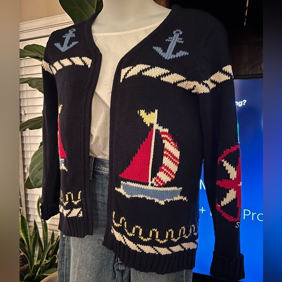Nautical Vintage Sweater Crazy Horse Full Zip Cardigan Navy Chunky Knit M Warm - Picture 7 of 8